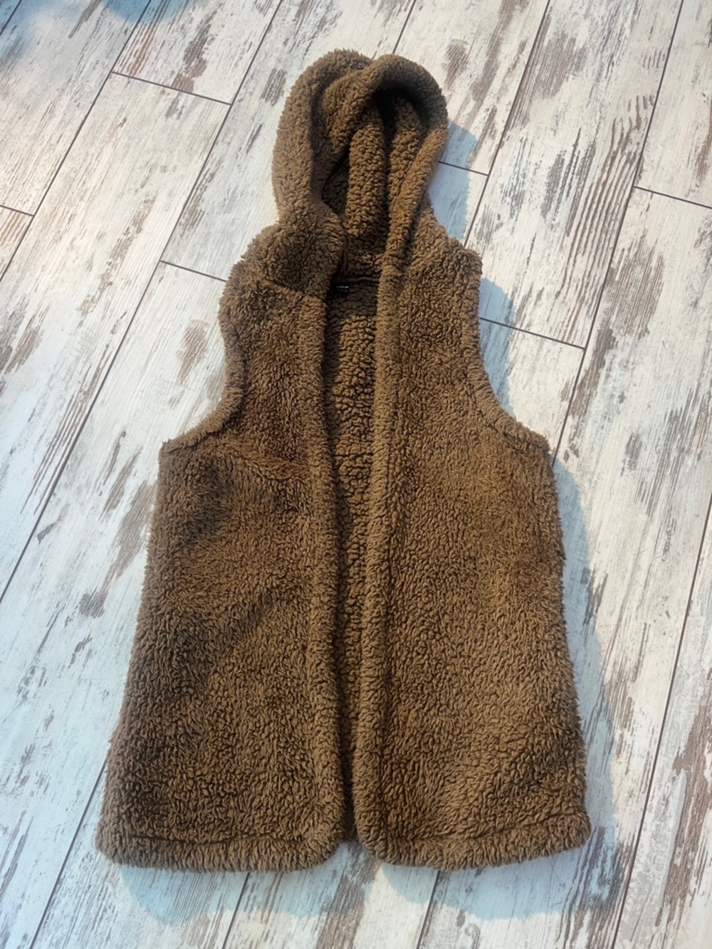 Shein Brown Faux Shearling Teddy Vest Hooded Open Front Small / Size 2 - Picture 2 of 9